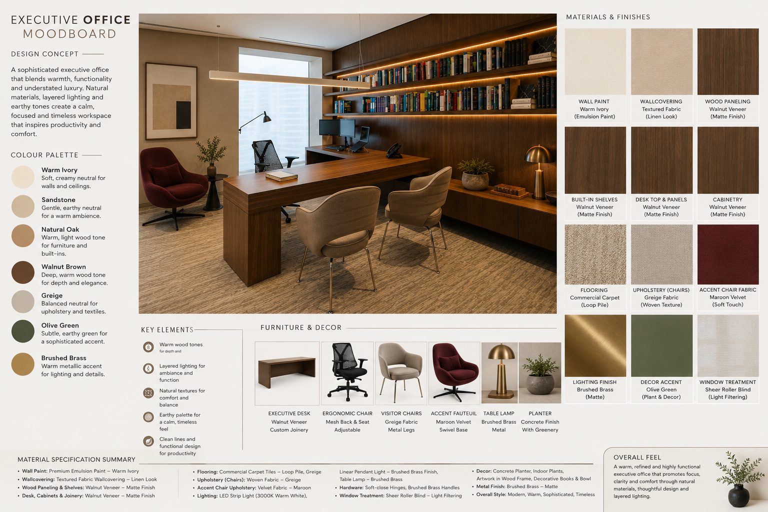 Moodboard sheet showing the colour palette, materials and furniture schedule