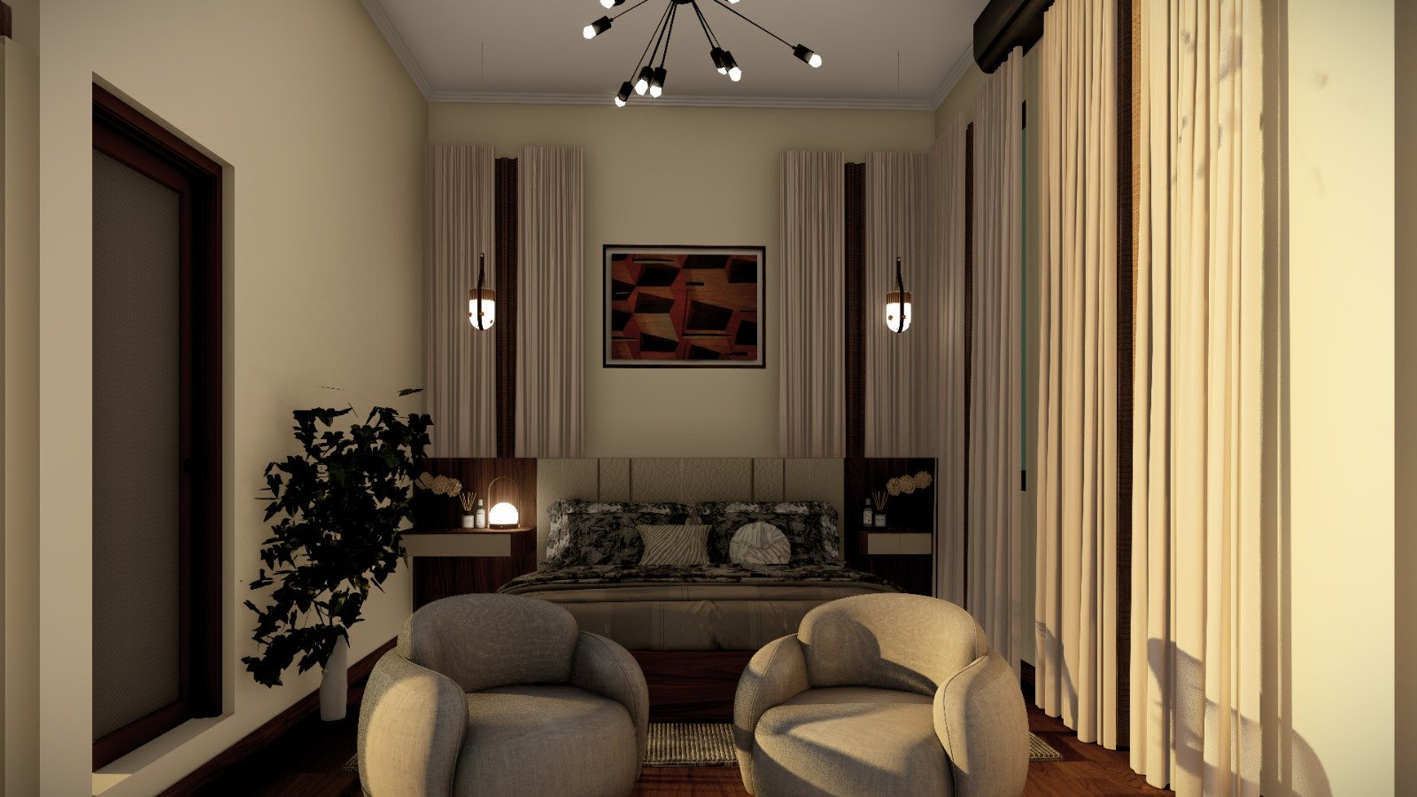 Rendered bedroom with upholstered headboard, twin pendants and two lounge chairs