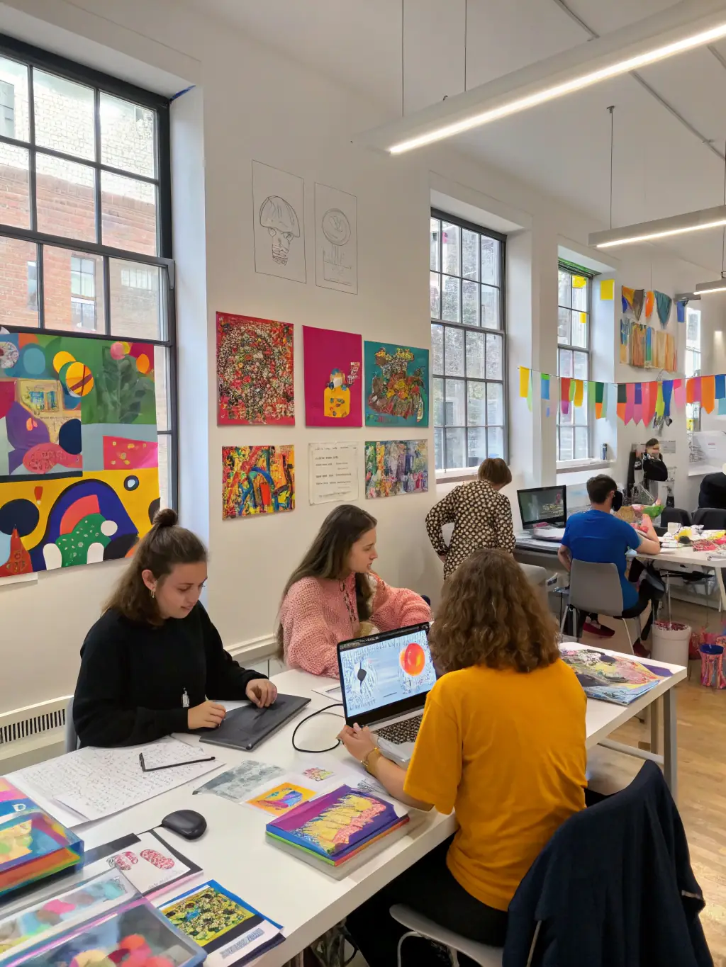A vibrant classroom scene with students working on design projects, showcasing creative work and collaborative learning environment at Maven School.