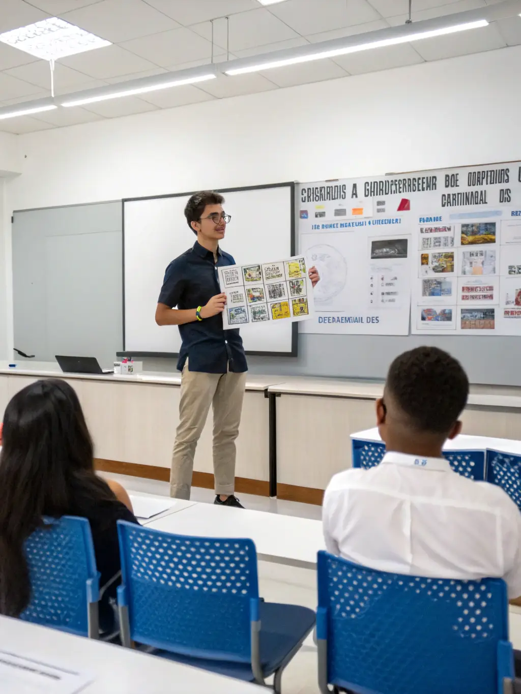 A student presenting their interior design project to a panel of instructors and industry professionals, showcasing their creativity and technical skills.