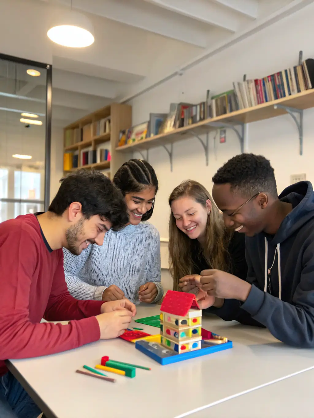 A diverse group of students collaborating on an interior design project, showcasing the collaborative learning environment at Maven School.