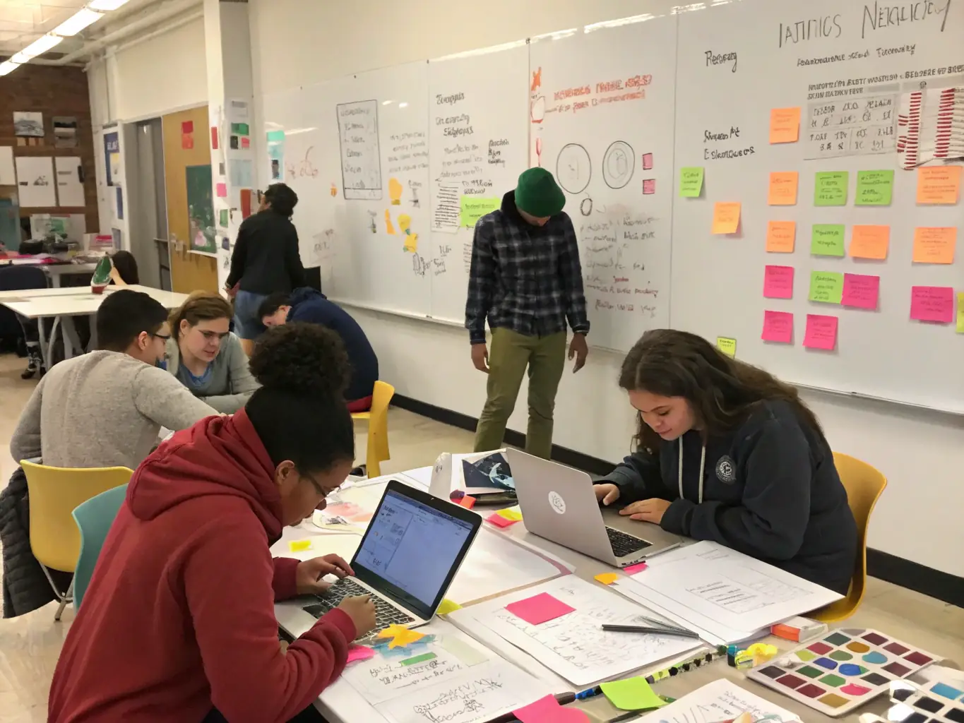 A photograph showcasing a diverse group of students collaborating on a design presentation at Maven School of Interior Decoration and Design, with architectural models and design boards visible in the background.