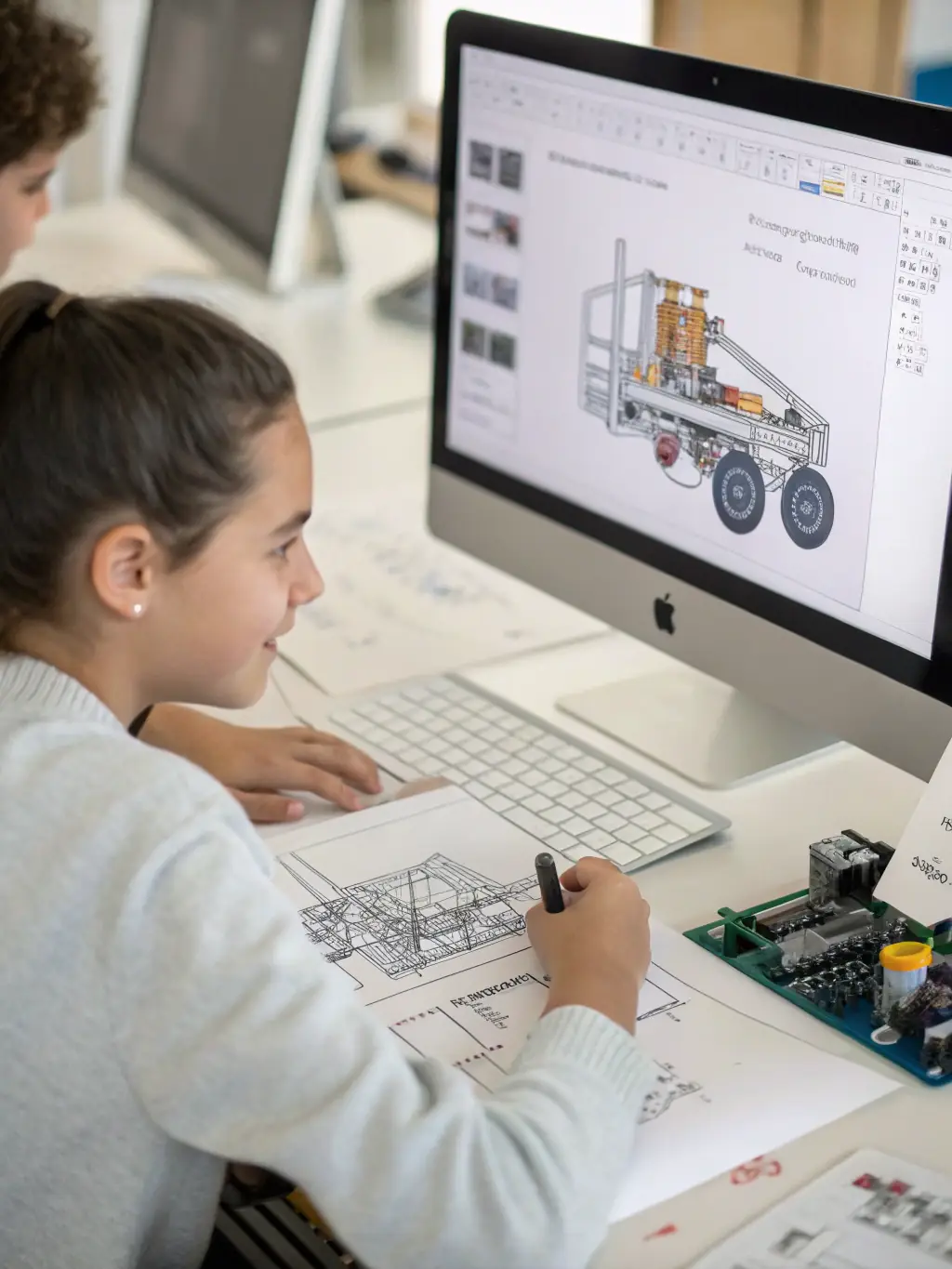 A photograph of a student using CAD software to create a 3D rendering of an interior space, highlighting the technological aspects of the course at Maven School of Interior Decoration and Design.