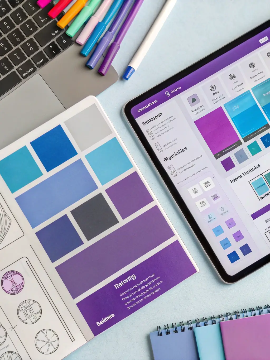 A mood board showcasing various design styles, such as minimalist, bohemian, and mid-century modern, with fabric swatches, color palettes, and furniture examples, representing the Styles of Design module.