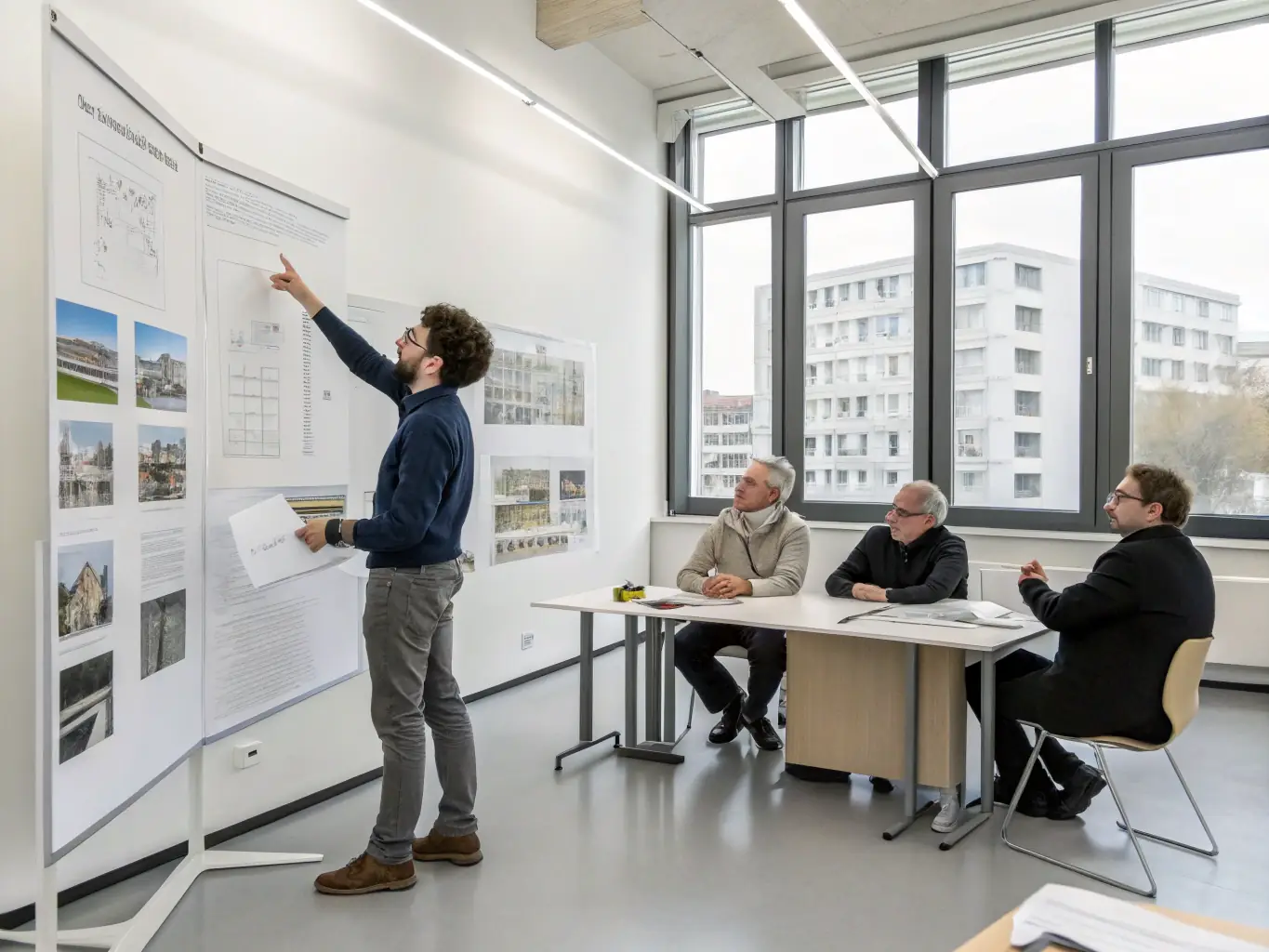 A student presenting a 3D model of an interior space during a critique session at Maven School of Interior Decoration and Design.