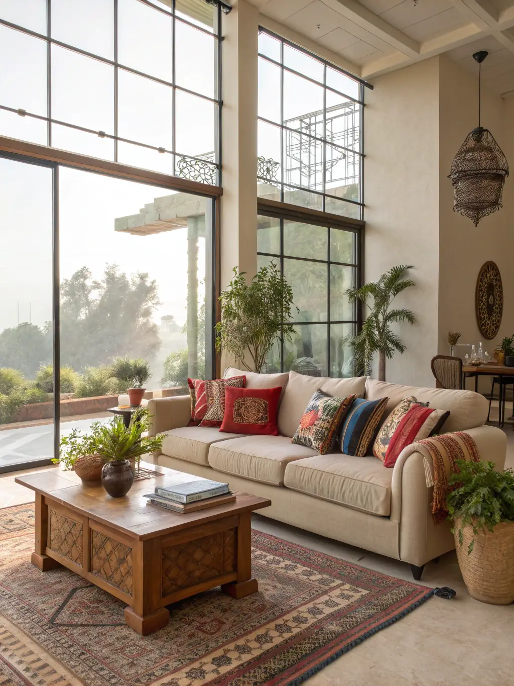 A well-lit, stylishly decorated living room showcasing a harmonious blend of colors, textures, and furniture, representing the Visual Language of Design module.