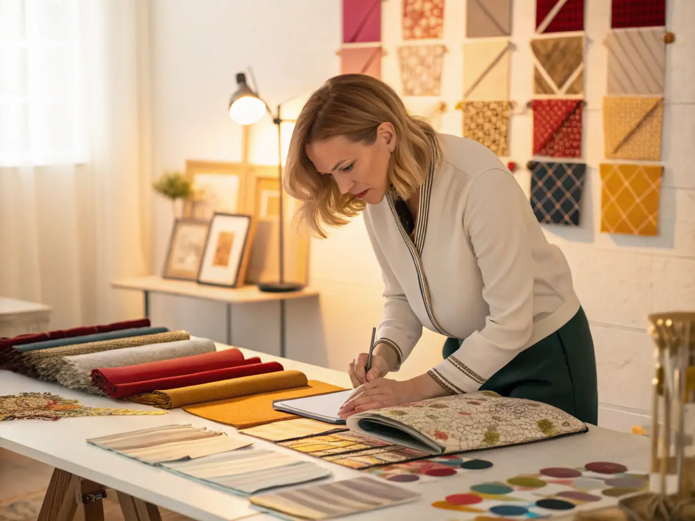 A student working on a soft furnishing project in a well-lit studio at Maven School of Interior Decoration and Design, surrounded by fabrics and tools.