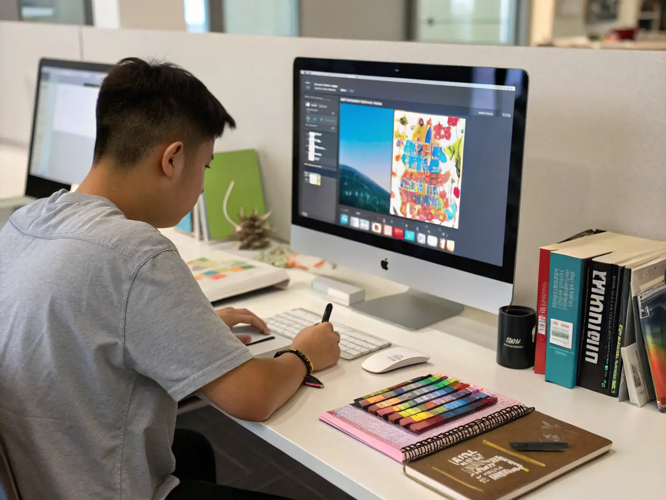 A photograph of a student working on a design project in a modern, well-equipped studio at Maven School of Interior Decoration and Design, surrounded by fabric samples, color palettes, and design software on a computer screen.