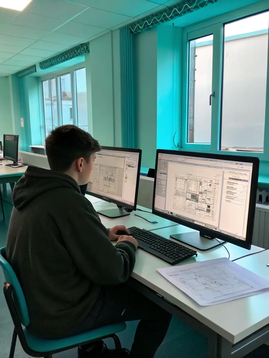 A student using AutoCAD software on a computer, designing a floor plan, representing the AutoCAD Course at Maven School.