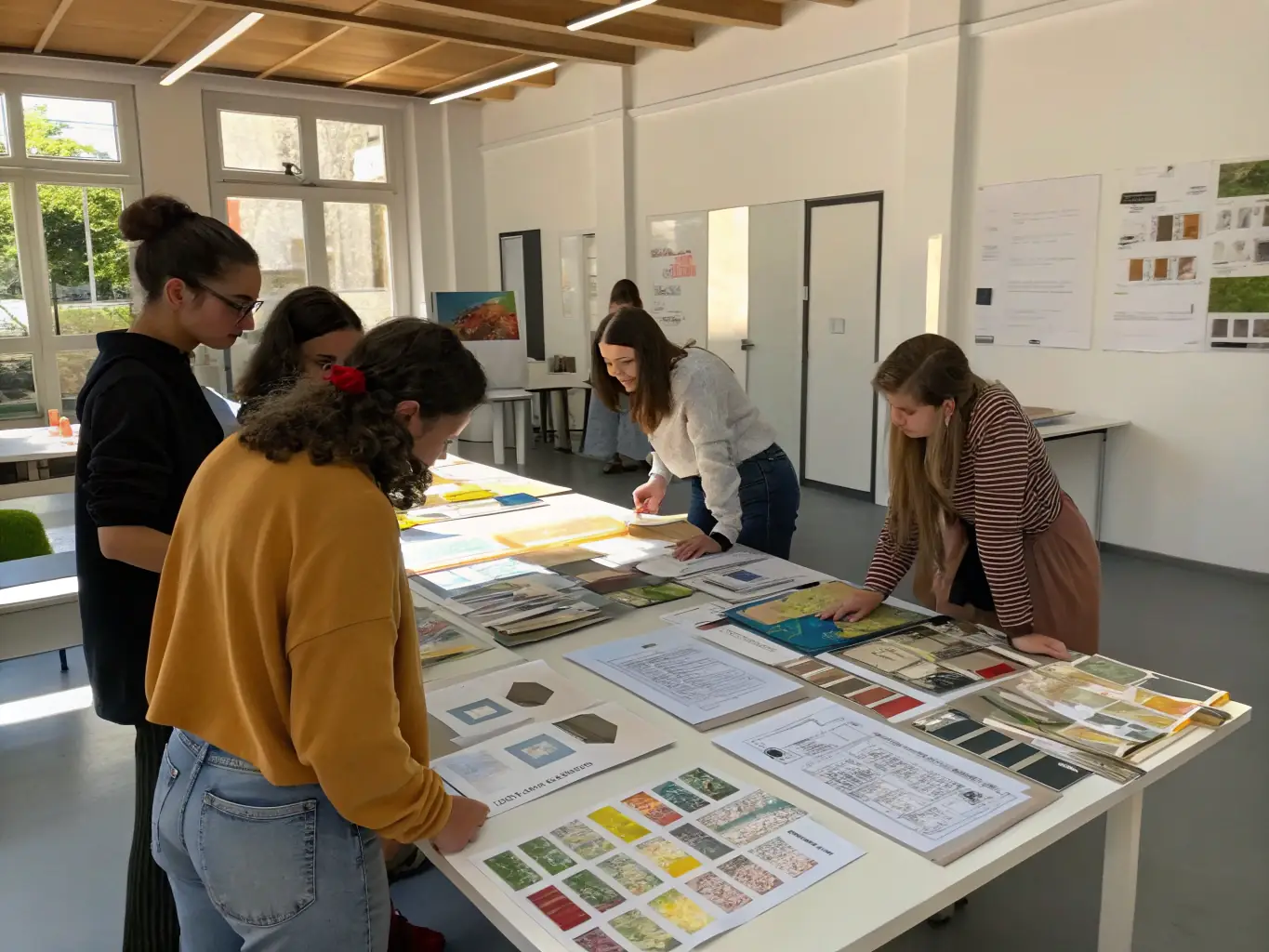 A photograph showcasing a group of interior design students collaborating on a project, with an instructor providing guidance and feedback in a well-lit classroom.